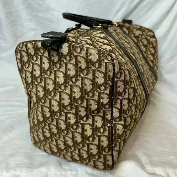 VINTAGE 1970s DIOR large Boston travel bag monogram cloth duffle brown - Picture 12 of 15